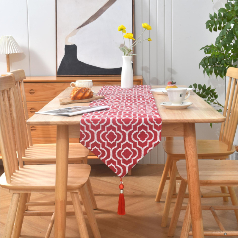 Jacquard stolni runner od poliester-cotton, marokanski stil, geometrijski uzorak, moderan minimalistički dizajn