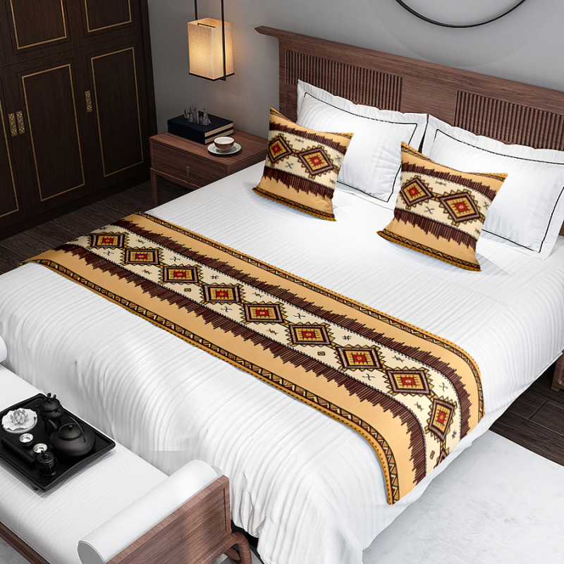 Japanski stil: trkač za kraj kreveta i zastavica kreveta s geometrijskim uzorkom, acetatno vlakno, hotelska dekoracija