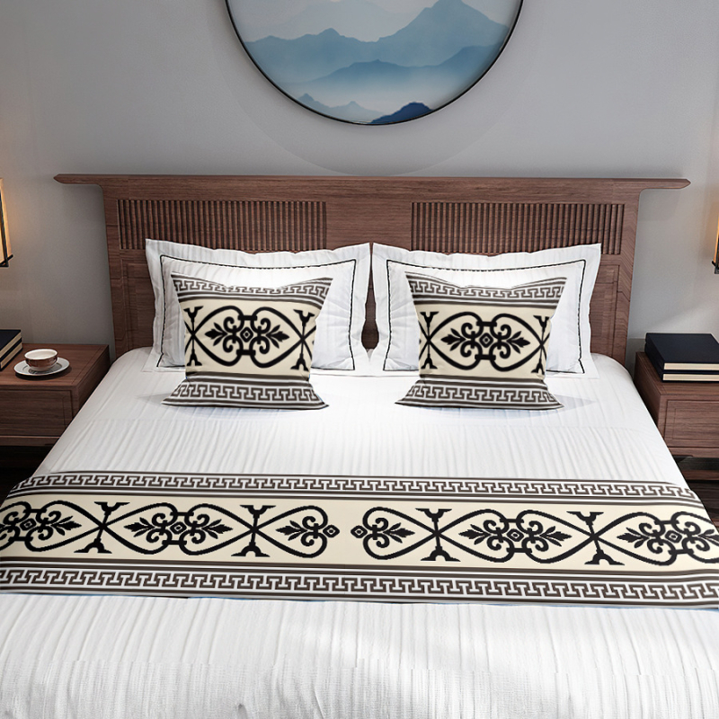Japanski stil: trkač za kraj kreveta i zastavica kreveta s geometrijskim uzorkom, acetatno vlakno, hotelska dekoracija