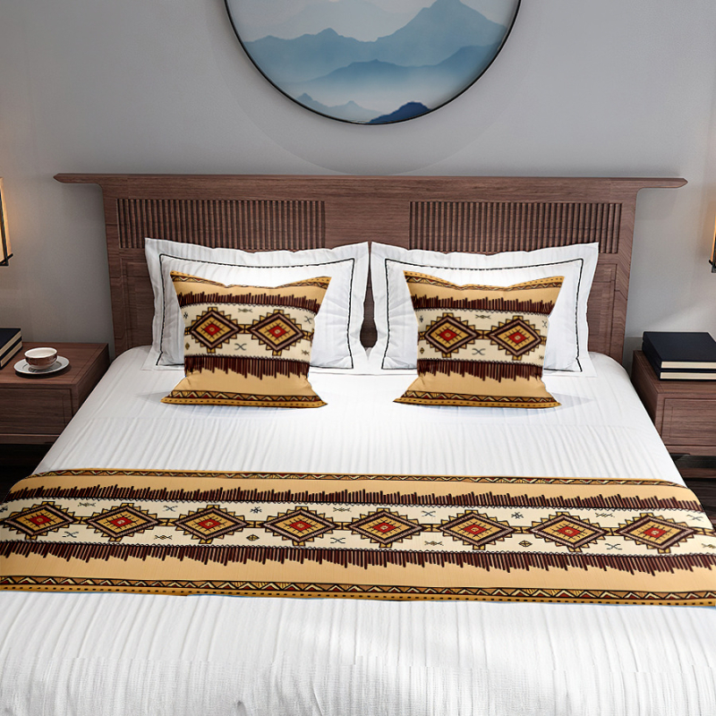 Japanski stil: trkač za kraj kreveta i zastavica kreveta s geometrijskim uzorkom, acetatno vlakno, hotelska dekoracija