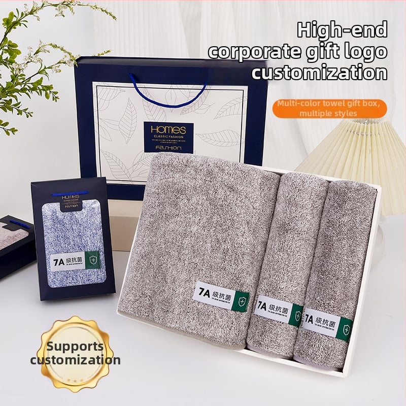 Triju dvieļu komplekts dāvanu kastē, korāla pūkains audums, uzsūcošs, logotipa personalizācija, zīmols Mufanduo