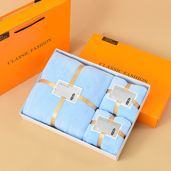 Triju dvieļu komplekts no coral fleece dāvanu kastē, iespēja logotipa drukāšanai, 450/300 g, ražošanas process: griezts velūrs, vienkāršā audums