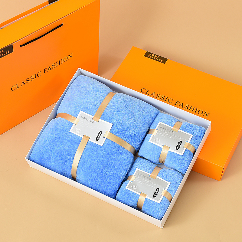 Triju dvieļu komplekts no coral fleece dāvanu kastē, iespēja logotipa drukāšanai, 450/300 g, ražošanas process: griezts velūrs, vienkāršā audums