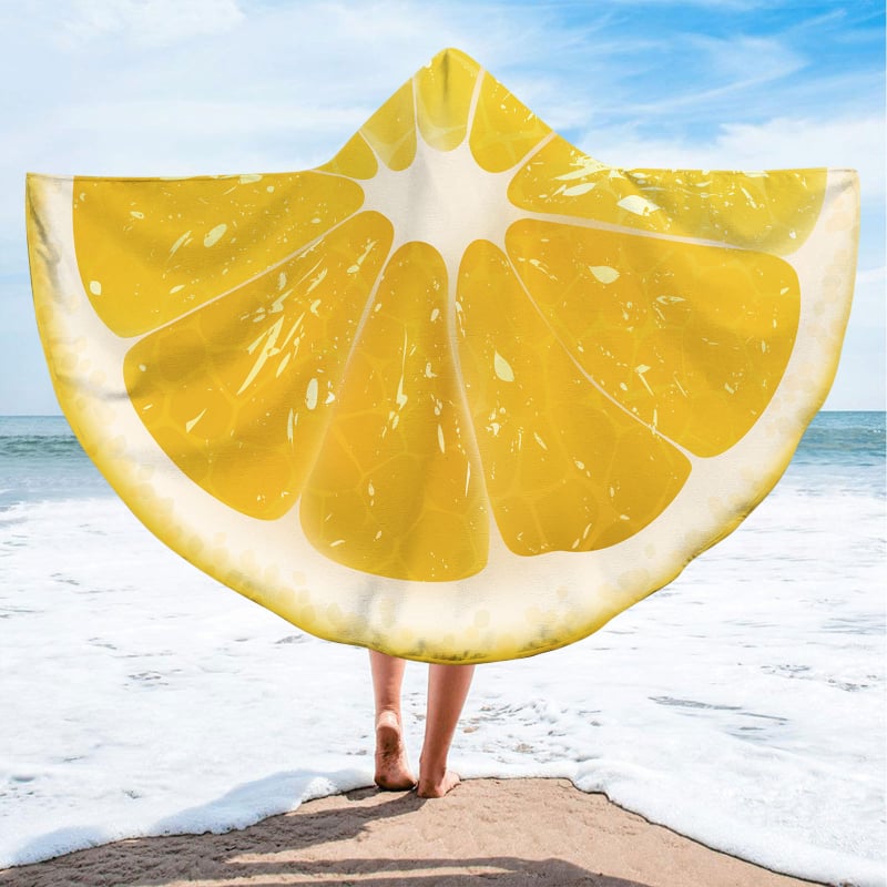 Kapucnis fürdőlepedő – kör alakú hordozható strandtörölköző, gyümölcsös minta, finomrostos anyag, 200–300 g, 19 szál