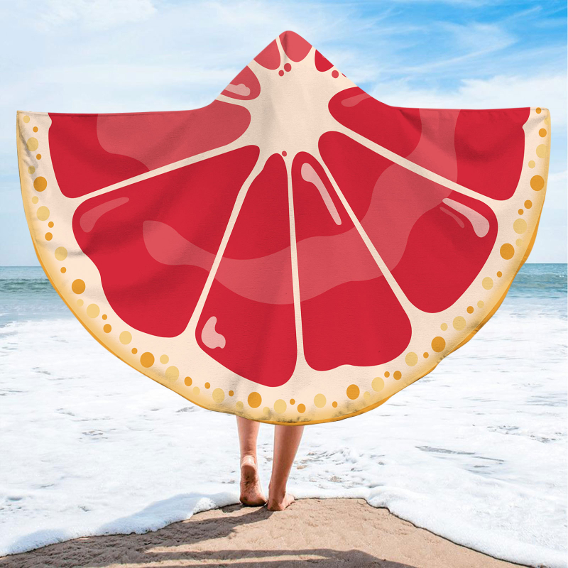 Kapucnis fürdőlepedő – kör alakú hordozható strandtörölköző, gyümölcsös minta, finomrostos anyag, 200–300 g, 19 szál