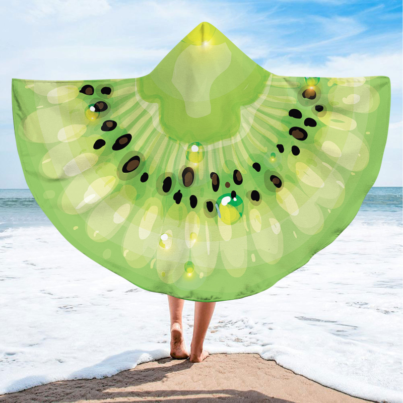 Kapucnis fürdőlepedő – kör alakú hordozható strandtörölköző, gyümölcsös minta, finomrostos anyag, 200–300 g, 19 szál