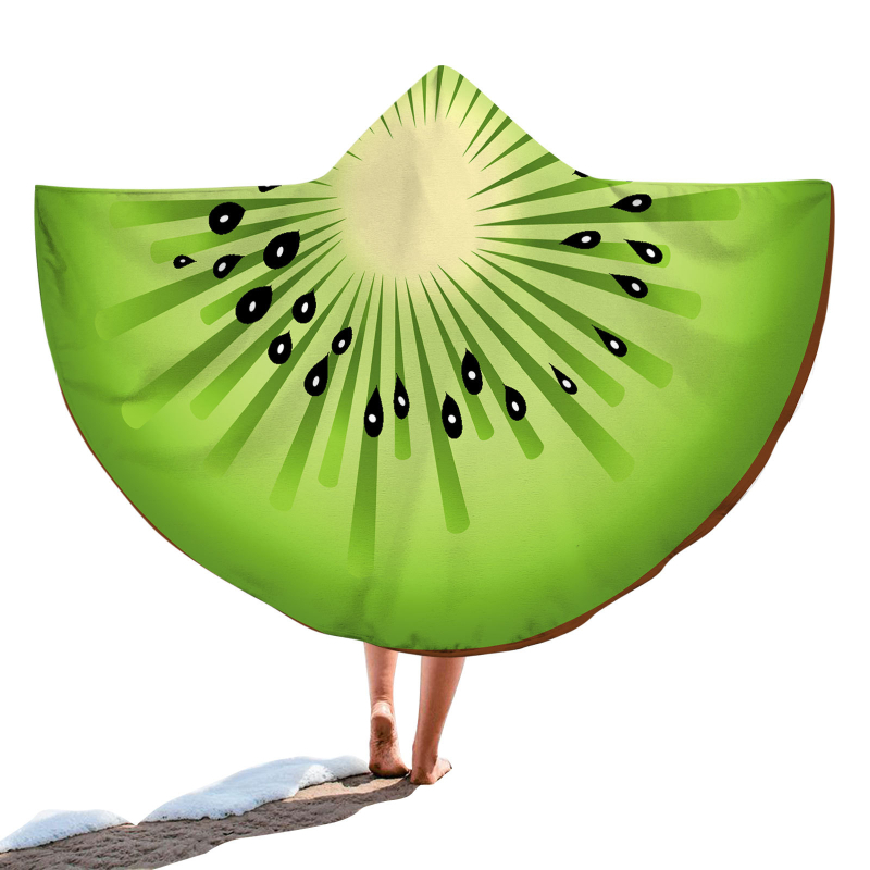 Kapucnis fürdőlepedő – kör alakú hordozható strandtörölköző, gyümölcsös minta, finomrostos anyag, 200–300 g, 19 szál