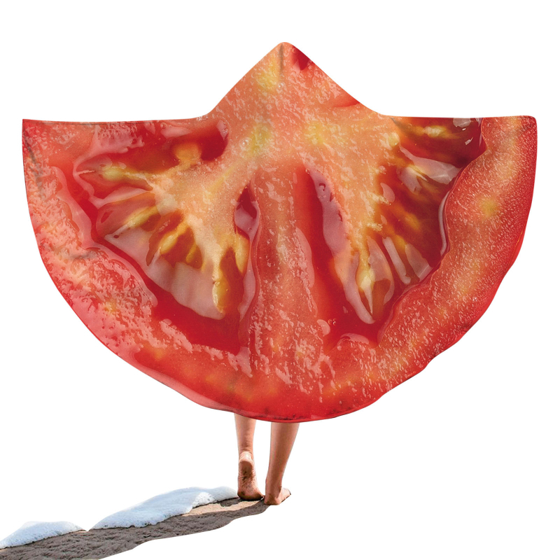 Kapucnis fürdőlepedő – kör alakú hordozható strandtörölköző, gyümölcsös minta, finomrostos anyag, 200–300 g, 19 szál