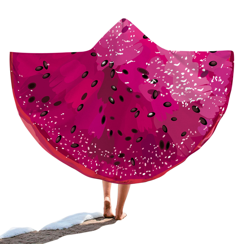 Kapucnis fürdőlepedő – kör alakú hordozható strandtörölköző, gyümölcsös minta, finomrostos anyag, 200–300 g, 19 szál