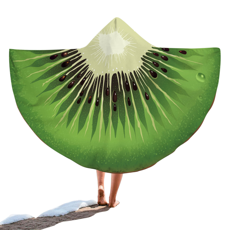 Kapucnis fürdőlepedő – kör alakú hordozható strandtörölköző, gyümölcsös minta, finomrostos anyag, 200–300 g, 19 szál