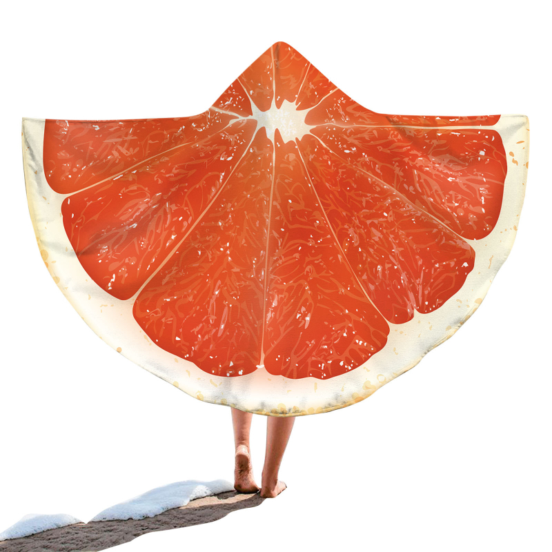 Kapucnis fürdőlepedő – kör alakú hordozható strandtörölköző, gyümölcsös minta, finomrostos anyag, 200–300 g, 19 szál