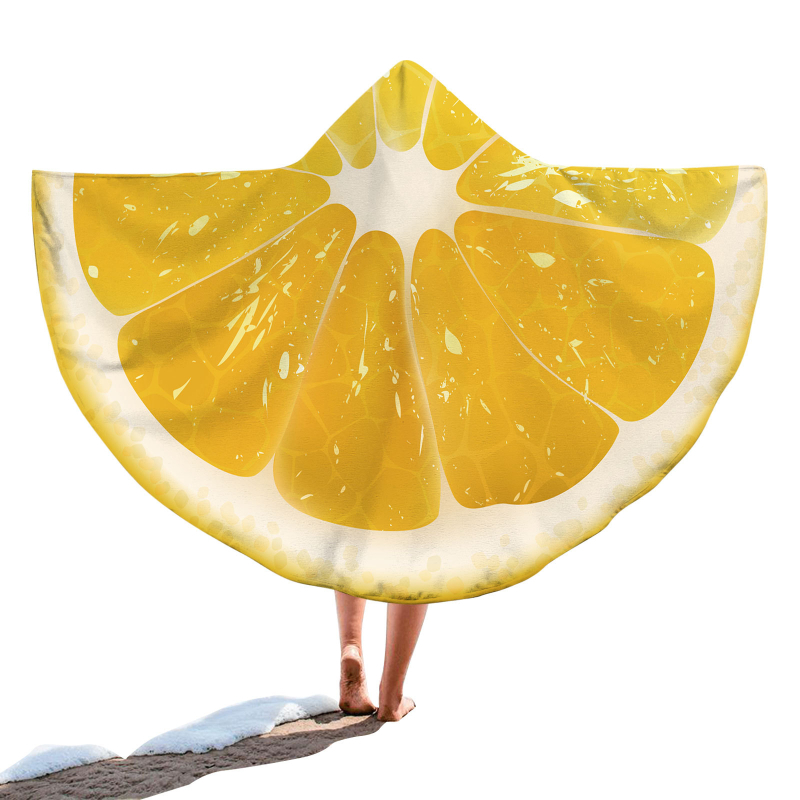 Kapucnis fürdőlepedő – kör alakú hordozható strandtörölköző, gyümölcsös minta, finomrostos anyag, 200–300 g, 19 szál