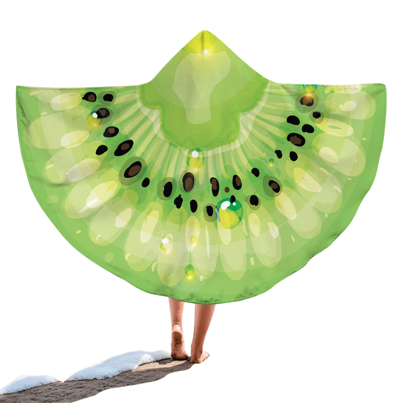 Kapucnis fürdőlepedő – kör alakú hordozható strandtörölköző, gyümölcsös minta, finomrostos anyag, 200–300 g, 19 szál