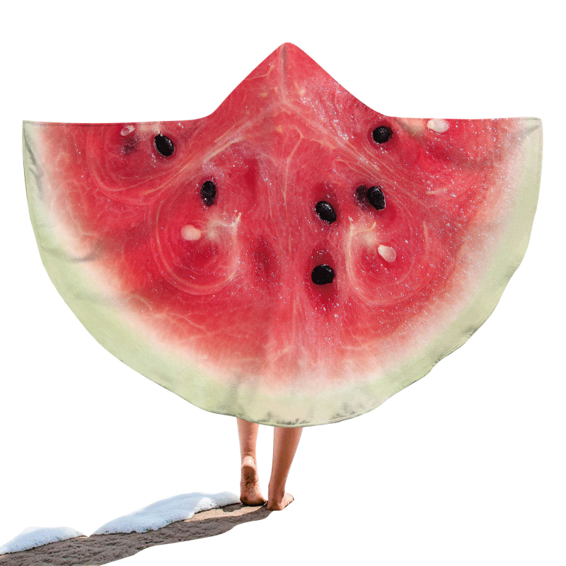 Kapucnis fürdőlepedő – kör alakú hordozható strandtörölköző, gyümölcsös minta, finomrostos anyag, 200–300 g, 19 szál