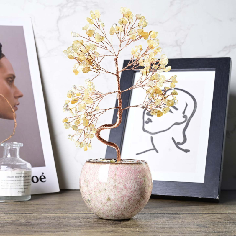 Kristalno stablo sreće s agatnom podlogom i kamenim podnožjem za modernu kuću i ured (Materijal: Kristal; Oblik: Geometrijski; Stil: Moderan minimalistički)