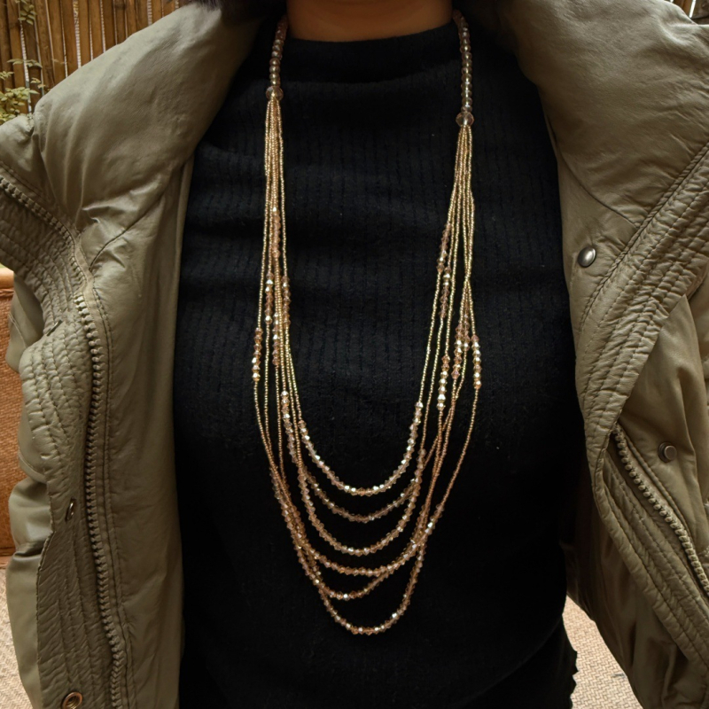 Colier cu mărgele de cristal și pandantiv cu ciucuri, lanț cu mai multe rânduri din mărgele, cristal artificial