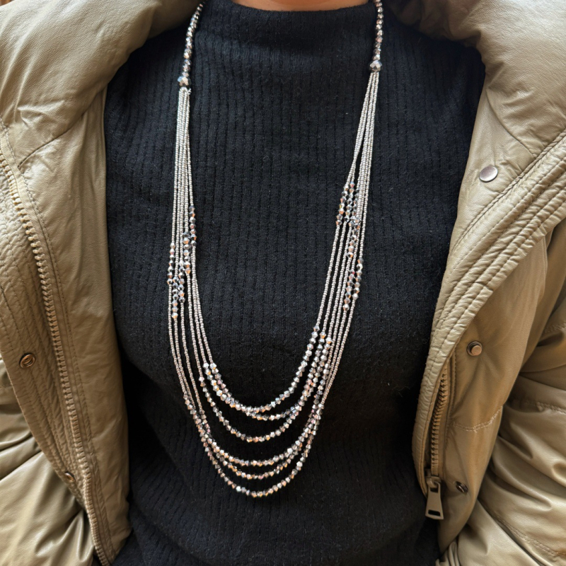 Colier cu mărgele de cristal și pandantiv cu ciucuri, lanț cu mai multe rânduri din mărgele, cristal artificial