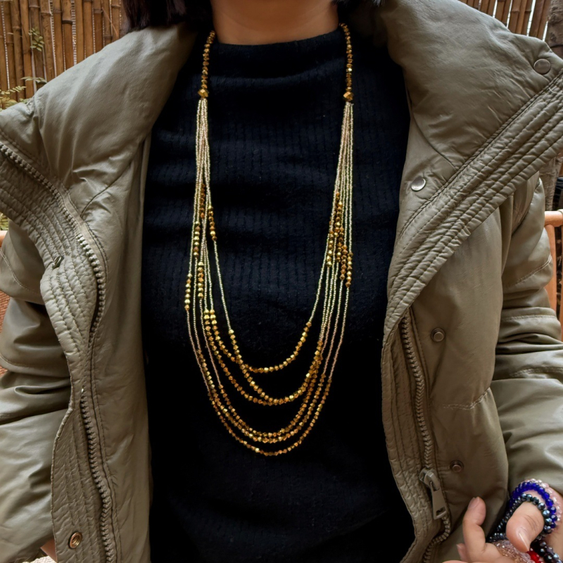 Colier cu mărgele de cristal și pandantiv cu ciucuri, lanț cu mai multe rânduri din mărgele, cristal artificial