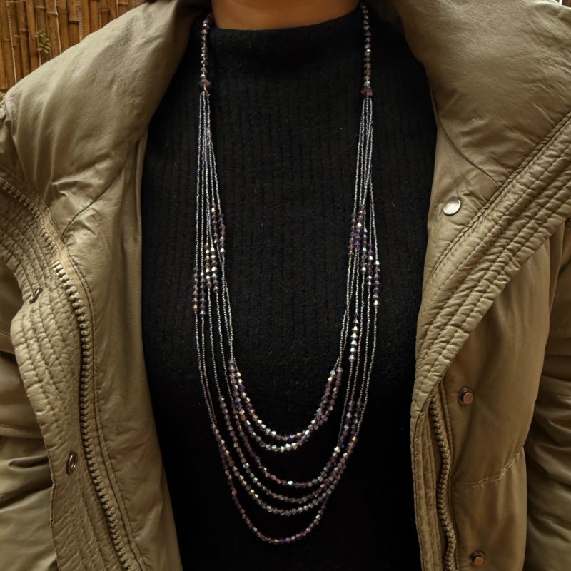 Colier cu mărgele de cristal și pandantiv cu ciucuri, lanț cu mai multe rânduri din mărgele, cristal artificial