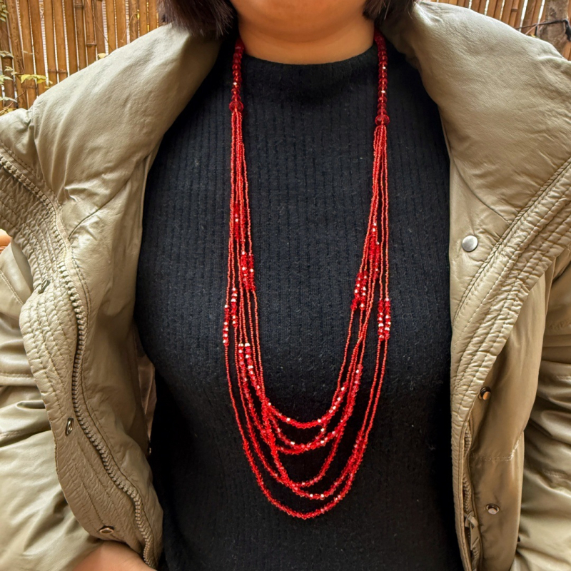 Colier cu mărgele de cristal și pandantiv cu ciucuri, lanț cu mai multe rânduri din mărgele, cristal artificial