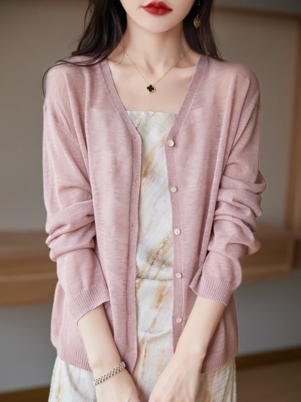 Sieviešu lina kardigans ar brīvā piegriezuma, garas piedurknes, plāns audums, parasts garums (50–65 cm)