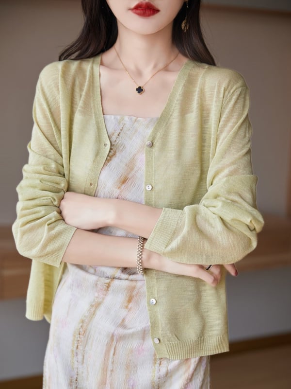 Sieviešu lina kardigans ar brīvā piegriezuma, garas piedurknes, plāns audums, parasts garums (50–65 cm)