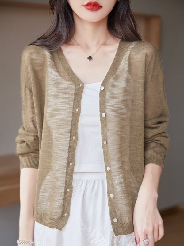 Sieviešu lina kardigans ar brīvā piegriezuma, garas piedurknes, plāns audums, parasts garums (50–65 cm)