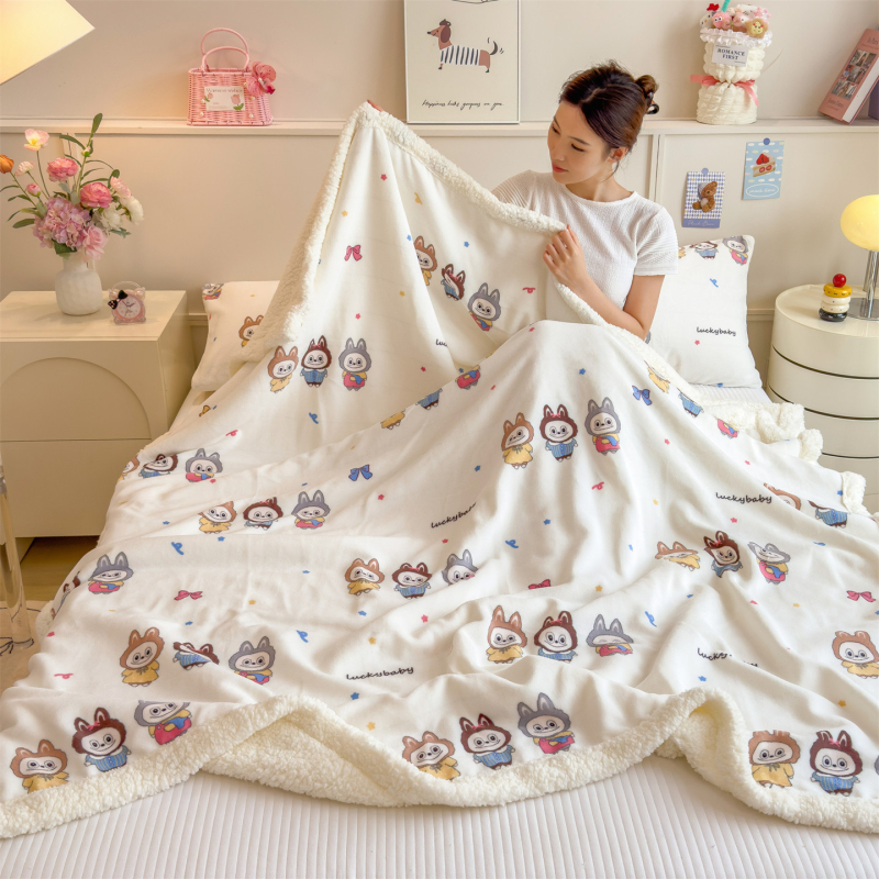 Dvigubo pusės storas žieminis šilkinis pledas biurui ir sofai, animacinis raštas, pritaikomas