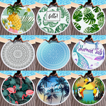 Kör alakú strandtörölköző - mikroszálas, nedvszívó, puha, hordozható, tassel nyomtatott mintával - 170–200 g/m², 120D szál