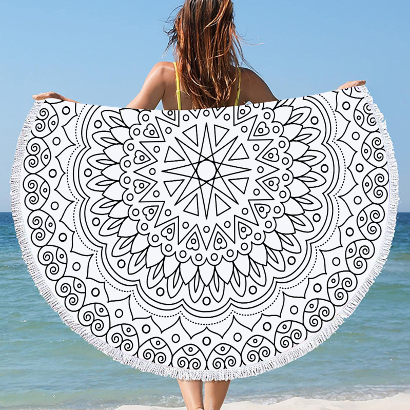 Kör alakú strandtörölköző - mikroszálas, nedvszívó, puha, hordozható, tassel nyomtatott mintával - 170–200 g/m², 120D szál