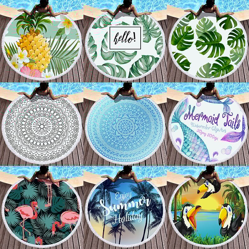 Kör alakú strandtörölköző - mikroszálas, nedvszívó, puha, hordozható, tassel nyomtatott mintával - 170–200 g/m², 120D szál