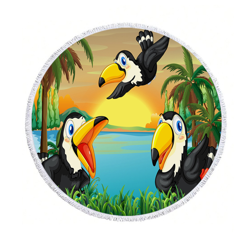 Kör alakú strandtörölköző - mikroszálas, nedvszívó, puha, hordozható, tassel nyomtatott mintával - 170–200 g/m², 120D szál