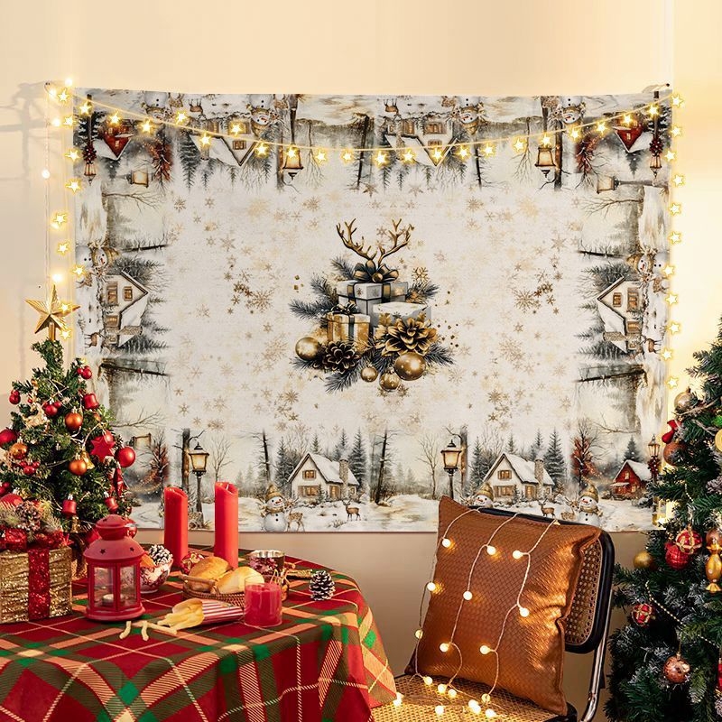 Tapiserija Kalėdinio fono, pliušinis audinys, peizažo motyvas, šiaurinis stilius, skaitmeninis šilumos perkėlimas spausdinimas