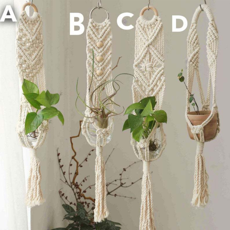 Bohemiškas rankų audimo pakabinamas krepšelis oro augalams, medvilnė, stačiakampio formos, peizažo raštas