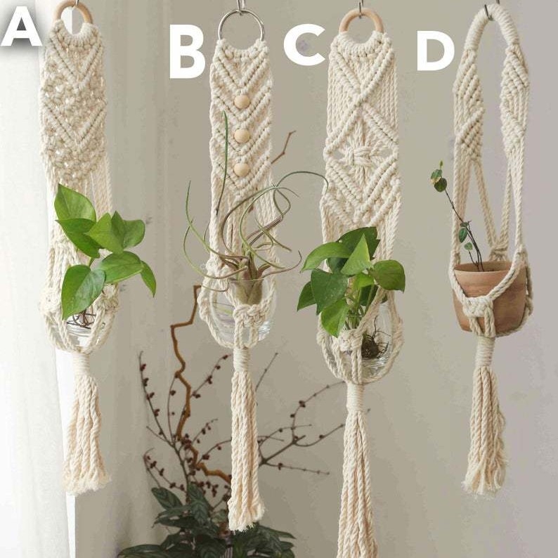 Bohemiškas rankų audimo pakabinamas krepšelis oro augalams, medvilnė, stačiakampio formos, peizažo raštas