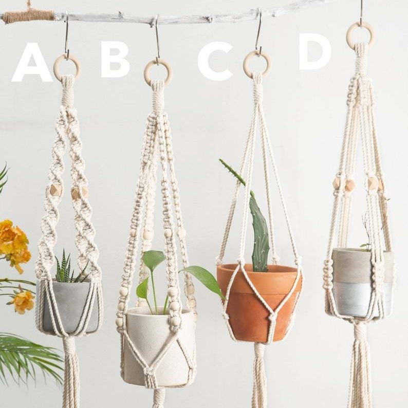 Bohemiškas rankų audimo pakabinamas krepšelis oro augalams, medvilnė, stačiakampio formos, peizažo raštas