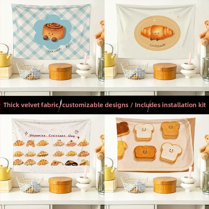 Sieninis gobelenas - duonos kepimo tema, plišinis audinys, pagrindinis audinio turinys: 91-100% poliesteris, skaitmeninis termotransferis, forma: stačiakampė, raštas: figura