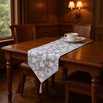Zastavica za stol – dvostruko složni jacquard stolni runner s resicama, novi kineski stil, 100% poliester, cvjetni/travi/listovi uzorak