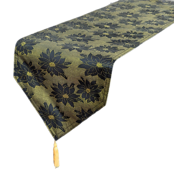 Zastavica za stol – dvostruko složni jacquard stolni runner s resicama, novi kineski stil, 100% poliester, cvjetni/travi/listovi uzorak