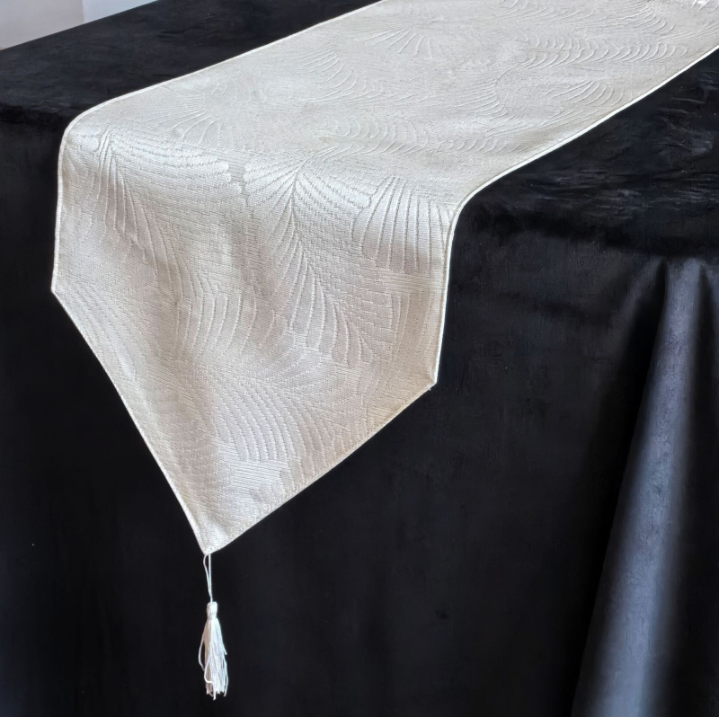 Zastavica za stol – dvostruko složni jacquard stolni runner s resicama, novi kineski stil, 100% poliester, cvjetni/travi/listovi uzorak