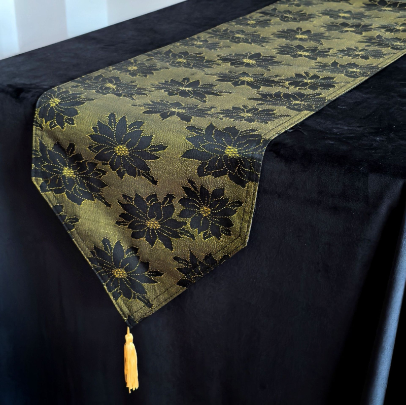 Zastavica za stol – dvostruko složni jacquard stolni runner s resicama, novi kineski stil, 100% poliester, cvjetni/travi/listovi uzorak
