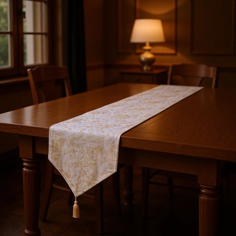 Zastavica za stol – dvostruko složni jacquard stolni runner s resicama, novi kineski stil, 100% poliester, cvjetni/travi/listovi uzorak