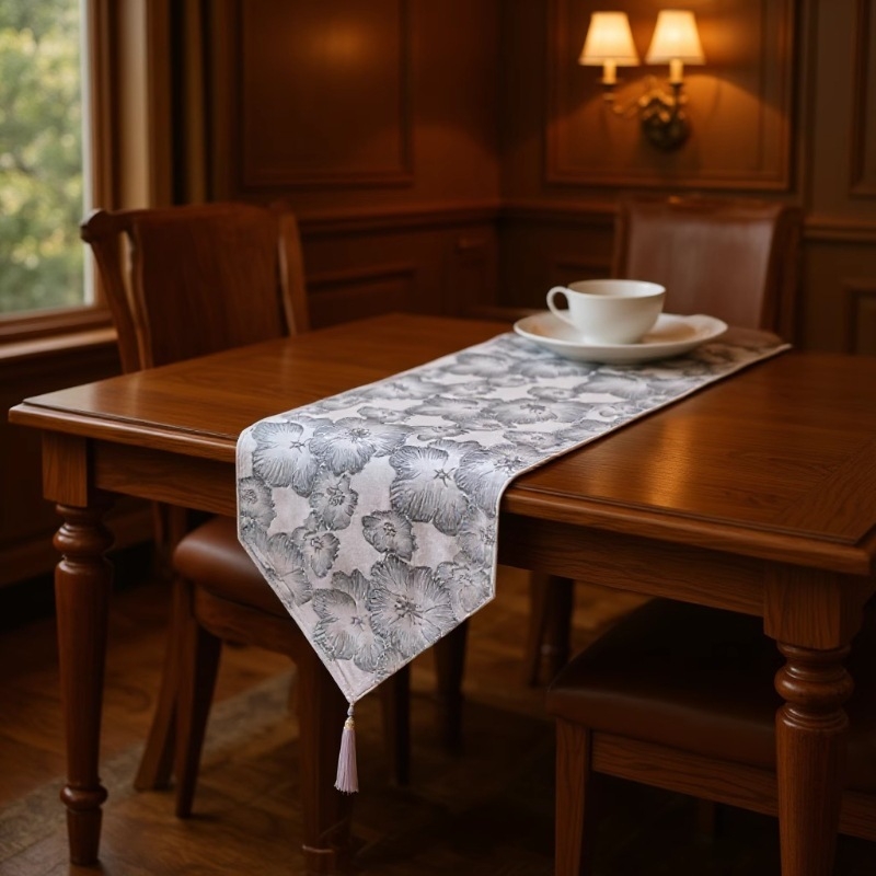 Zastavica za stol – dvostruko složni jacquard stolni runner s resicama, novi kineski stil, 100% poliester, cvjetni/travi/listovi uzorak