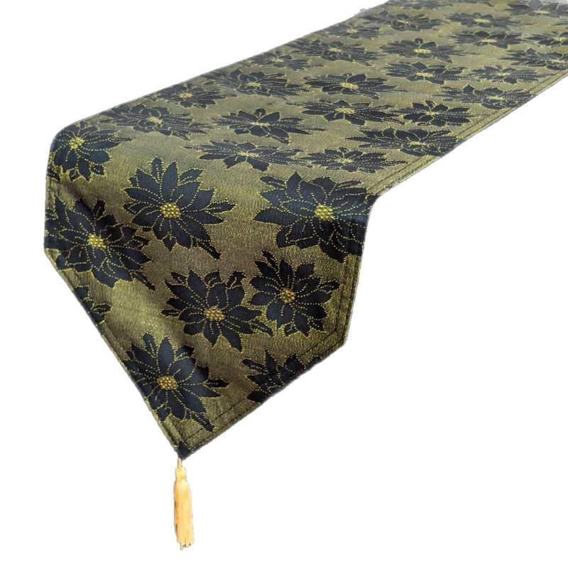 Zastavica za stol – dvostruko složni jacquard stolni runner s resicama, novi kineski stil, 100% poliester, cvjetni/travi/listovi uzorak