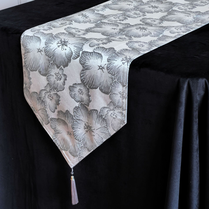 Zastavica za stol – dvostruko složni jacquard stolni runner s resicama, novi kineski stil, 100% poliester, cvjetni/travi/listovi uzorak