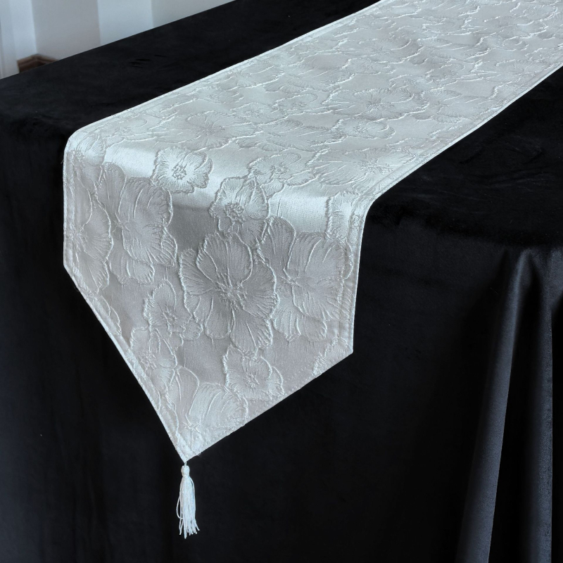 Zastavica za stol – dvostruko složni jacquard stolni runner s resicama, novi kineski stil, 100% poliester, cvjetni/travi/listovi uzorak