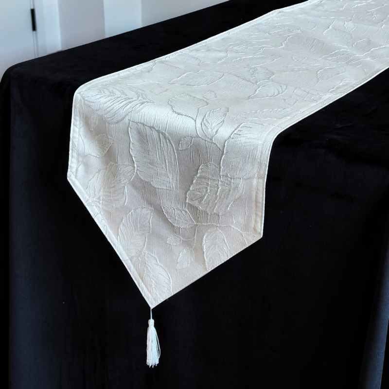 Zastavica za stol – dvostruko složni jacquard stolni runner s resicama, novi kineski stil, 100% poliester, cvjetni/travi/listovi uzorak
