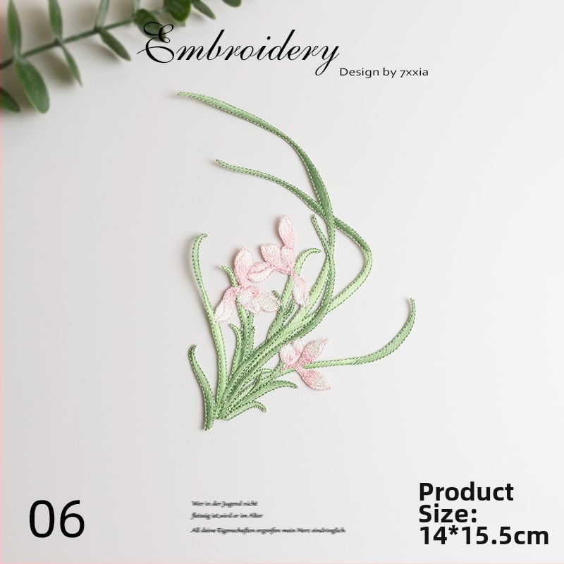 Spalvingos orchidėjos siuviniai iš rayon audinio – DIY rankdarbiams, Kinijos stiliaus audiniai dekoratyviniai aksesuarai galvos apdangalams, drabužiams ir dekoravimui