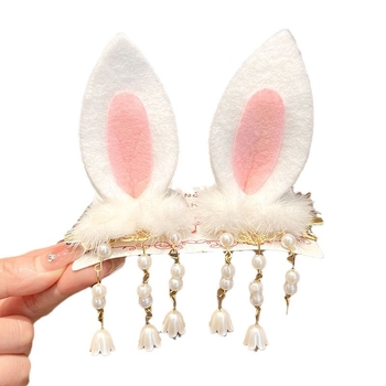 Bērnu matu spraudes ar antīku stilu truša ausīm un pūkainu auklu kulciņu, materiāls resīns, ziemā 2024