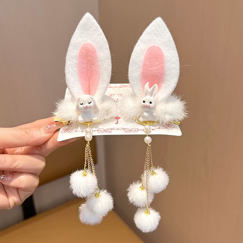 Bērnu matu spraudes ar antīku stilu truša ausīm un pūkainu auklu kulciņu, materiāls resīns, ziemā 2024